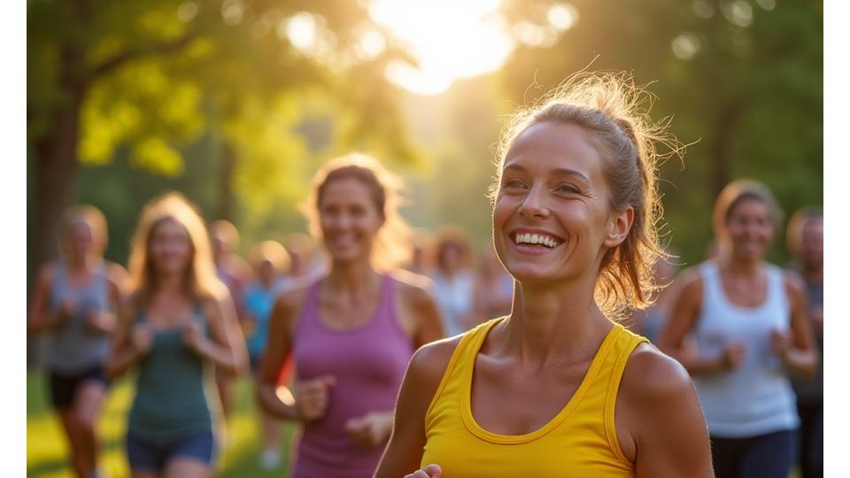 Group of diverse Nashville adults engaging in a wellness activity like yoga or light exercise outdoors, representing vibrancy and community vitality.