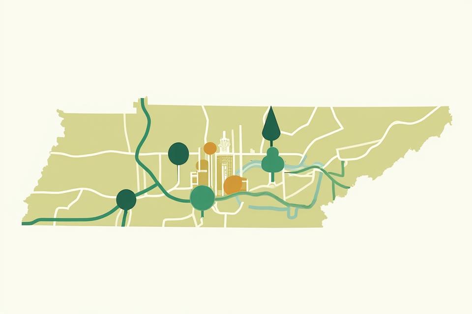 Stylized map of Nashville highlighting various wellness community landmarks and Vitality Crest partnership locations.