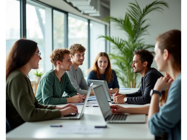 Vitality Crest team members collaborating in a bright, modern office, engaged in discussion and problem-solving, symbolizing their culture of continuous improvement and authenticity.
