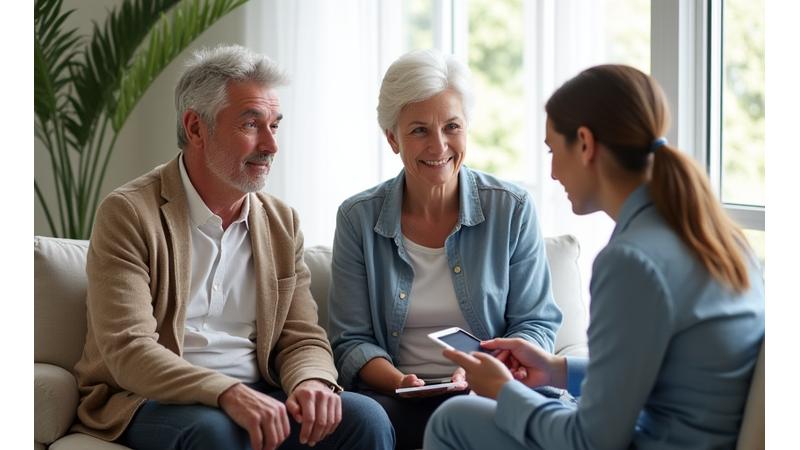 A diverse mature couple consulting with a friendly wellness expert on a tablet.