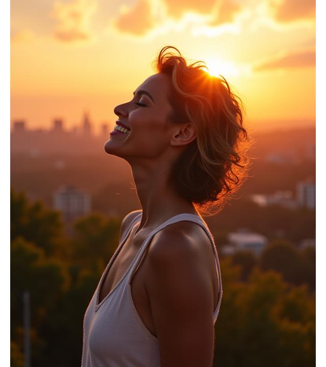Woman enjoying a serene Nashville sunset, symbolizing wellness and local connection.