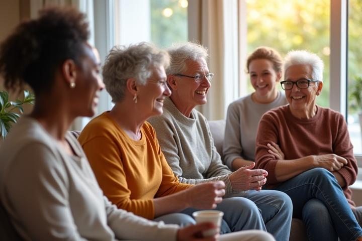 Diverse group of mature adults engaged in animated discussion and laughter in a bright, modern community space