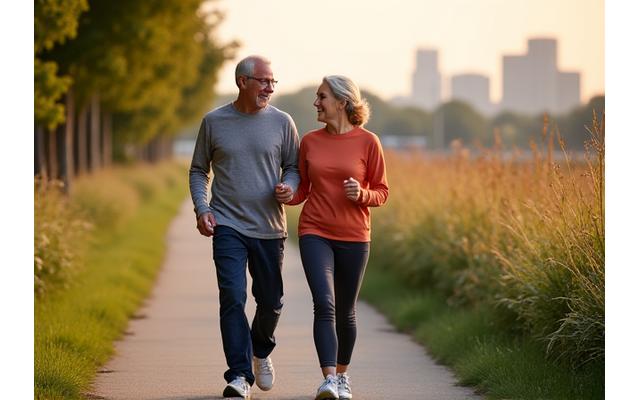 Mature adult couple enjoying a brisk walk outdoors on a scenic greenway in Nashville, promoting active lifestyle