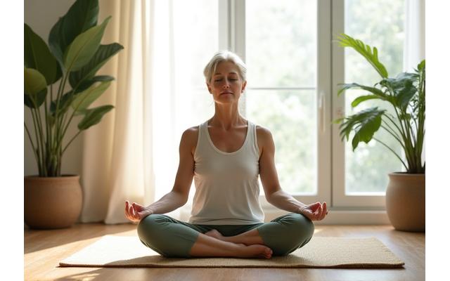 Person meditating peacefully on a yoga mat in a sunlit room, embodying mental clarity