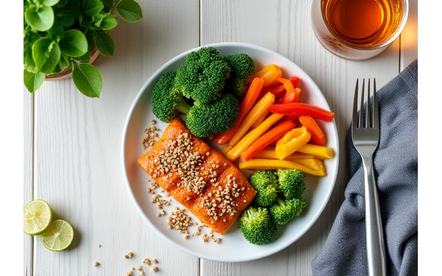 Vibrant plate of fresh, colorful vegetables and lean protein on a wooden table, emphasizing healthy eating