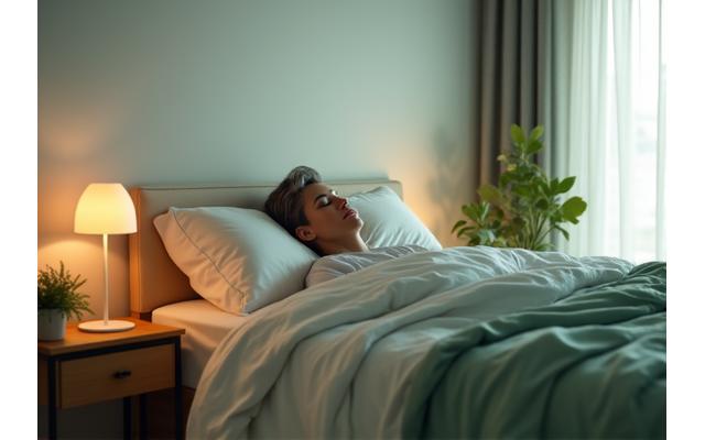 Person sleeping peacefully in a comfortable, serene bedroom, emphasizing restorative sleep