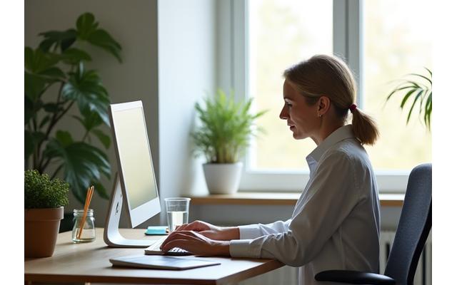 Professional mature adult working at a clean, organized desk with plants, demonstrating a healthy work environment
