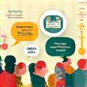 Illustration of a supportive online community, people interacting with speech bubbles.