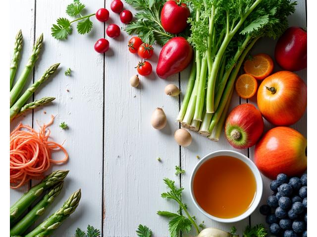 A colorful spread of functional foods: fermented vegetables, bone broth, and fiber-rich fruits