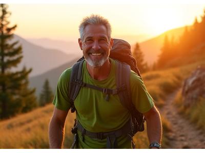 Portrait of Daniel, a healthy-looking man in his early 50s hiking