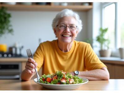 Portrait of Susan, a vibrant woman in her early 60s enjoying a healthy meal