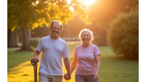 A vibrant senior couple laughing and walking outdoors, symbolizing healthy and active aging.