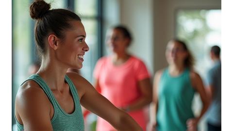 Adults participating in a moderate group fitness class, emphasizing joyful, age-appropriate exercise.
