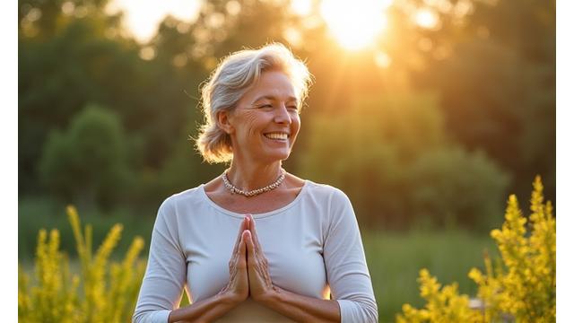 Woman enjoying serene morning yoga amidst nature, symbolizing healthy aging and vitality.