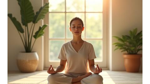 Person meditating peacefully in a calm, minimalist room, representing mental clarity and stress relief.