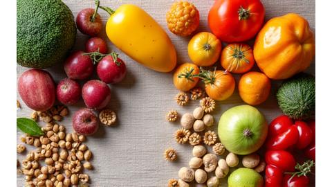 Vibrant, fresh organic vegetables and fruits laid out creatively on a wooden table, emphasizing healthy eating.
