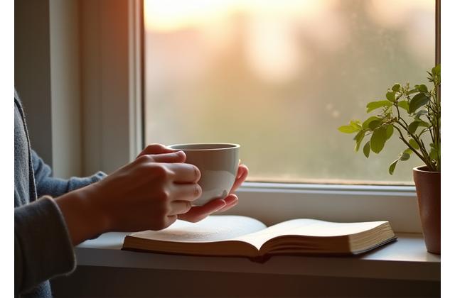Person enjoying a mindful morning routine with coffee and journal by a window