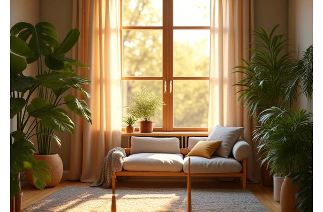 Cozy and calm living room with natural light and plants