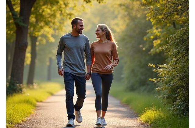 Couple in their 40s enjoying a brisk walk in a park
