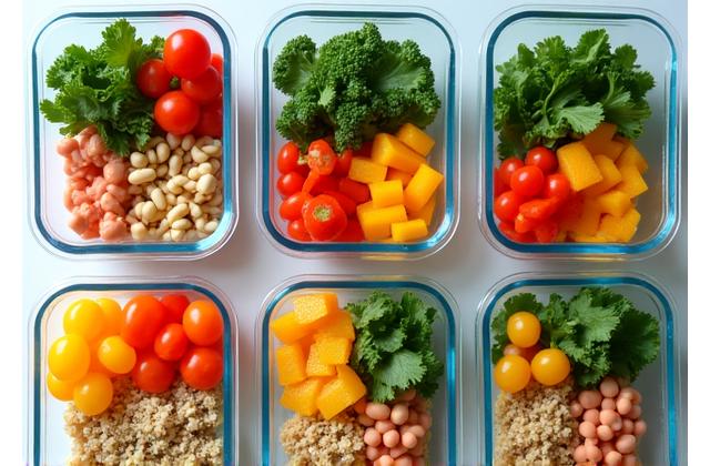 Vibrant, healthy meal prep containers on a kitchen counter