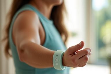 A person engaged in a low-impact exercise, possibly yoga or stretching, with wireless earbuds and a heart rate monitor visible, in a bright, modern home gym setting.