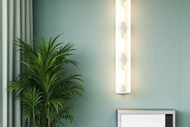 A clean, minimalist living space featuring an air purifier, soft, adjustable lighting, and a small indoor plant, conveying a serene and healthy home environment.