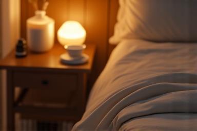 Cozy bedroom scene with dim, warm lighting, showing a subtle sleep tracking device on a bedside table next to a relaxing cup of herbal tea.