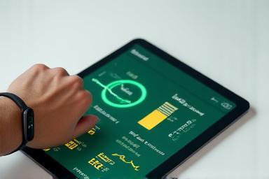 Sleek smart watch on a wrist connected to a tablet displaying health metrics, with a minimalist, modern design.