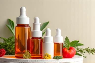 Assortment of vibrant supplement bottles and natural ingredients like berries and herbs, arranged cleanly on a light background.