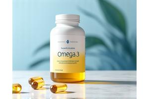 Omega-3 supplement bottle on a clean white background, highlighting its key benefits.
