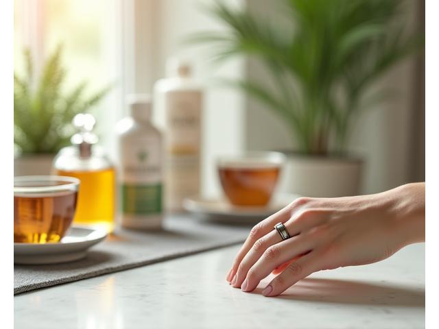 Close-up of a hand gently holding a smart ring, with a blurred background of various wellness products like supplements and a meditative scene, conveying integration of technology and calm wellness.