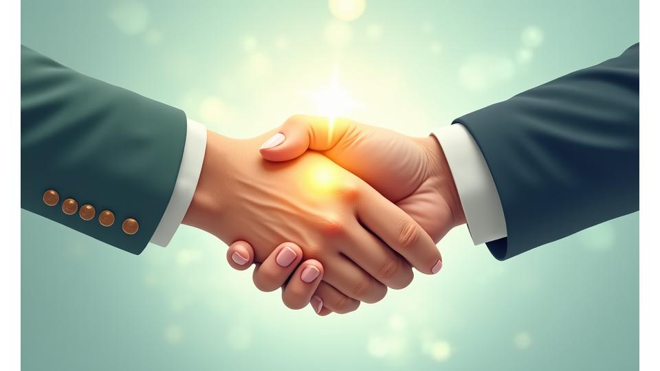 Illustration of a warm, transparent handshake over a digital glowing sphere, representing agreement and trust in a wellness community.