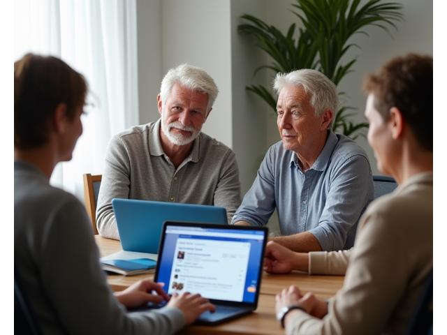 Diverse group of adults interacting thoughtfully on a clean, modern digital community platform, emphasizing respectful communication and shared wellness goals.