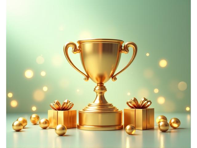 Illustration of a vibrant trophy and badges, symbolizing recognition and rewards for community contributions.