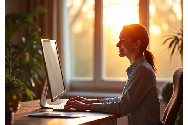 Happy professional sitting comfortably at an ergonomic home office setup, bathed in natural light.