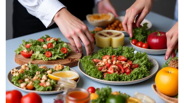 Healthy team lunch with colorful salads and fresh fruit