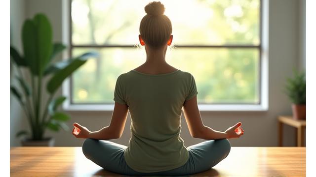 Person meditating calmly in a modern office space